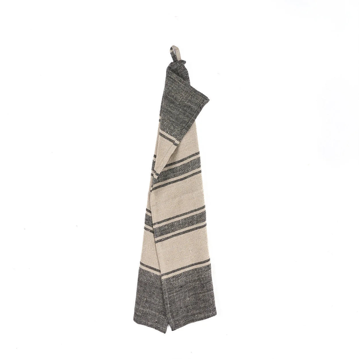 Torchon en lin naturel rayé noir et beige texturé avec boucle