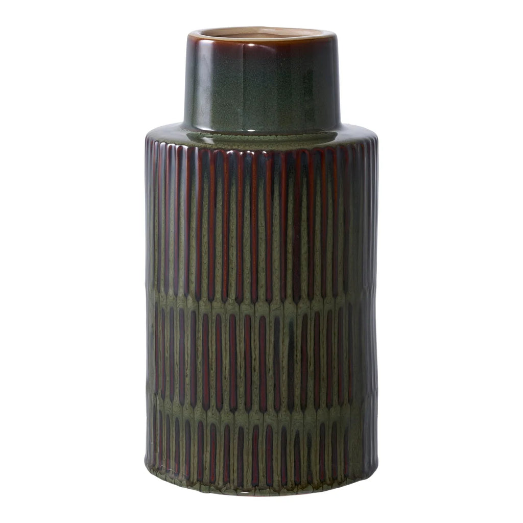 Vase en céramique vert bouteille et brun relief rainuré H30 cm