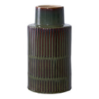 Vase en céramique vert bouteille et brun relief rainuré H30 cm