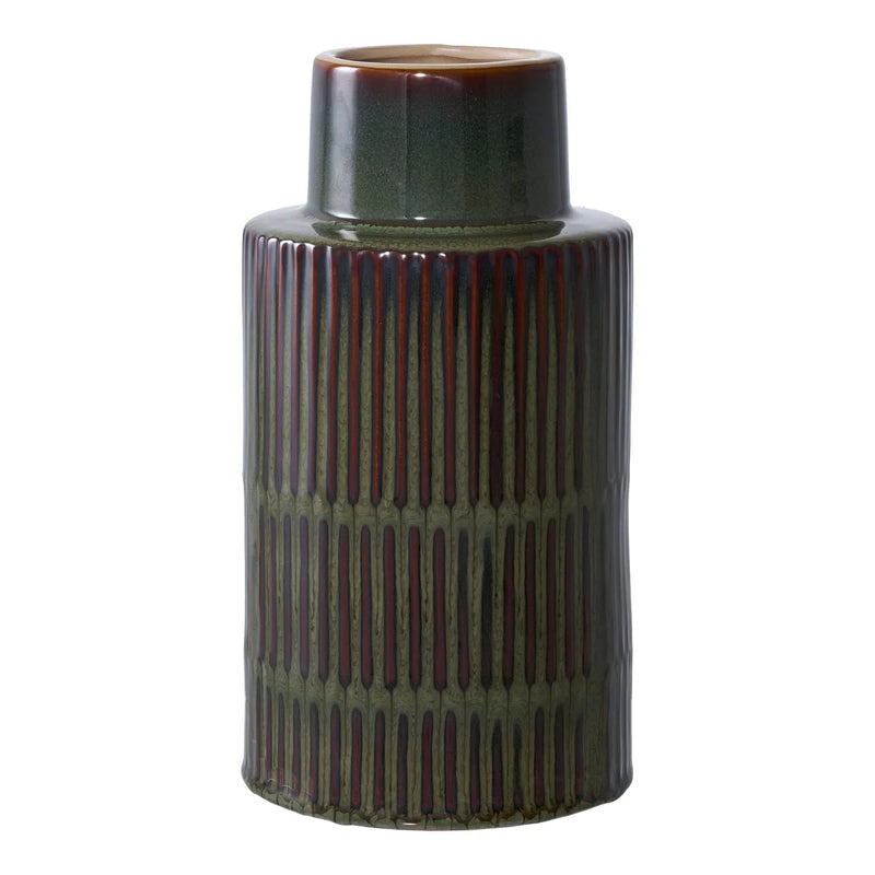 Vase en céramique vert bouteille et brun à relief rainuré – H30 cm