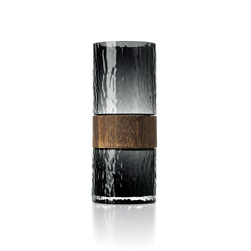 Vase cylindrique en verre fumé et bois foncé – H29 cm
