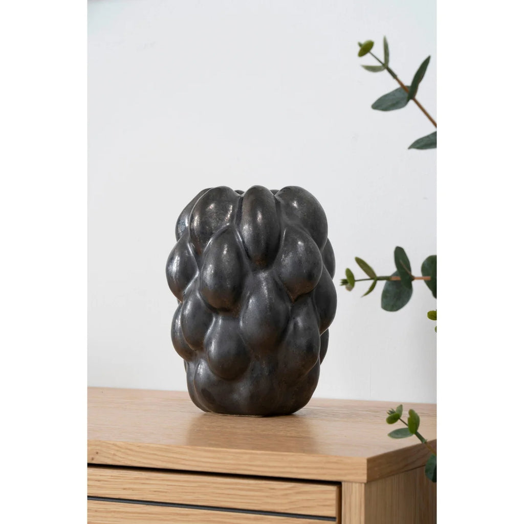 Vase décoratif en céramique noire métallisée motif bulles H19 cm