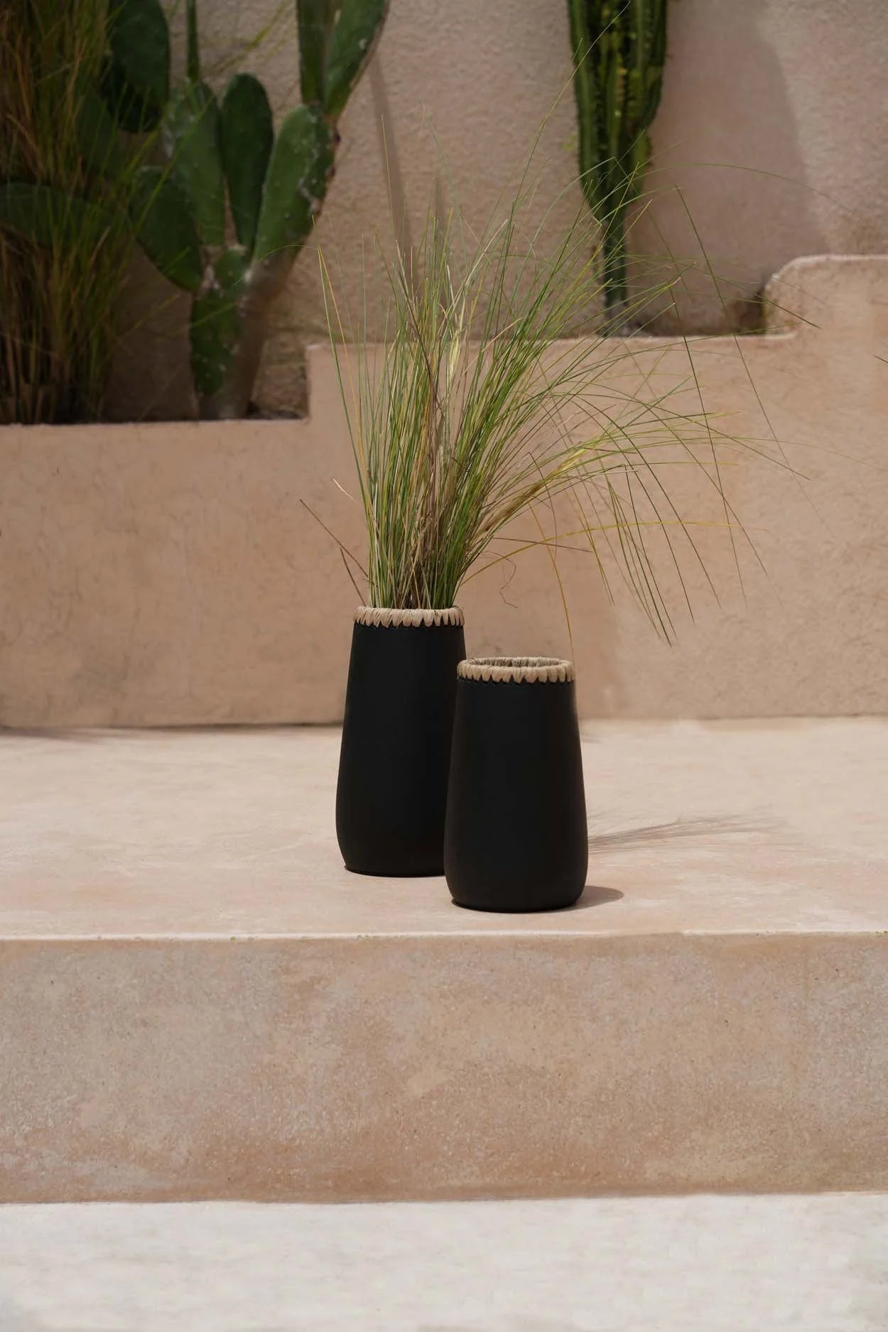 Vases décoratifs noirs en terre cuite avec herbe ornementale verte et textures
