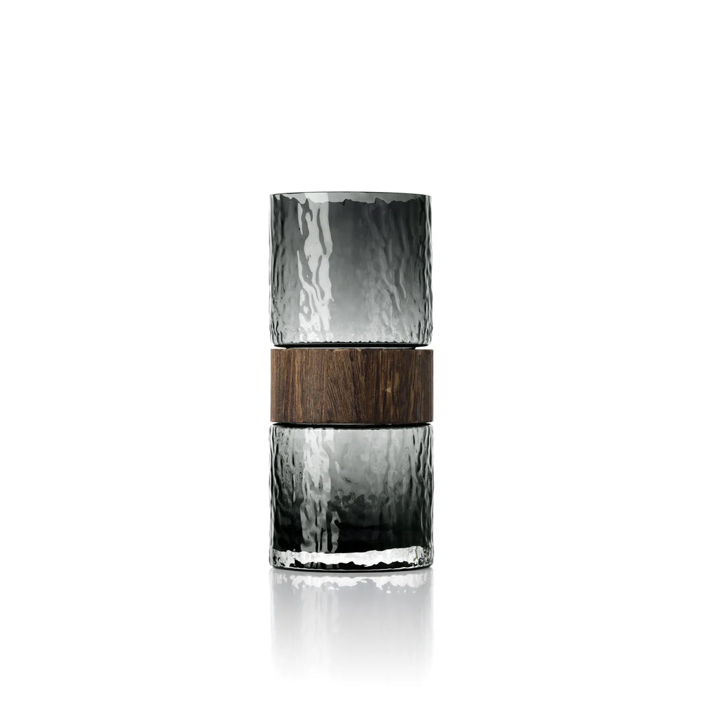 Vase décoratif cylindrique en verre fumé texturé et bois foncé, H24 cm