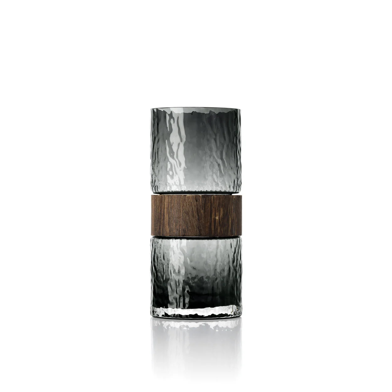 Vase décoratif cylindrique en verre fumé texturé et bois foncé, H24 cm