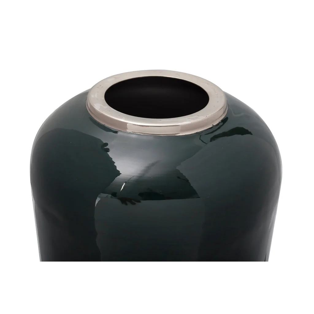 Vase Art Deco 250 Dunkelgrün / Silber, vase en céramique vert foncé brillant avec bord en argent