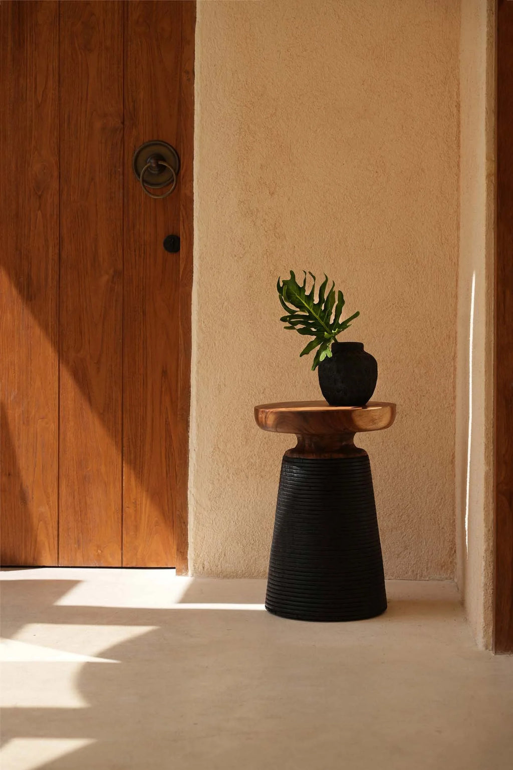 Table d’appoint noire avec top en cuivre et vase en terre cuite avec feuilles vertes