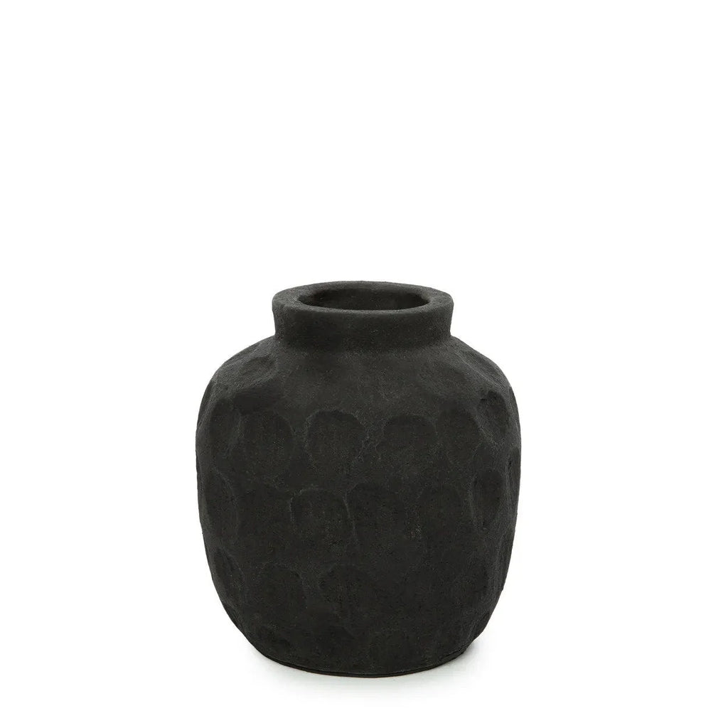 Vase décoratif en terre cuite noire, texture sombre, court col, H14 cm