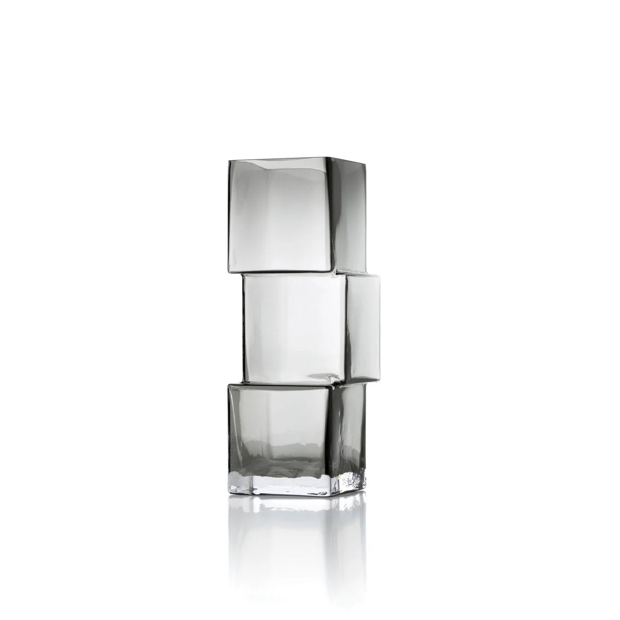Vase décoratif en verre fumé gris avec cubes décalés empilés translucides, H27 cm