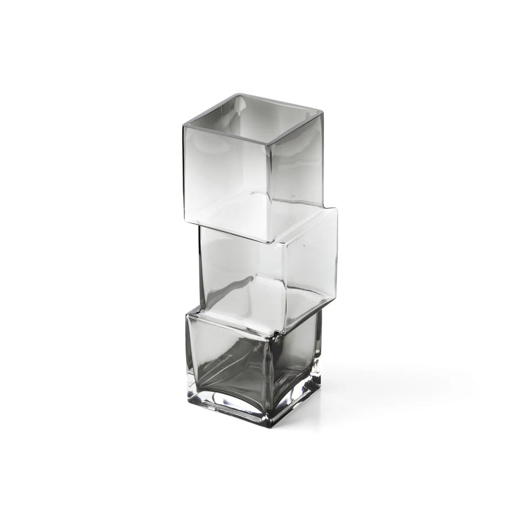 Vase décoratif en verre recyclé gris fumé à motif cubique empilé translucide H30 cm