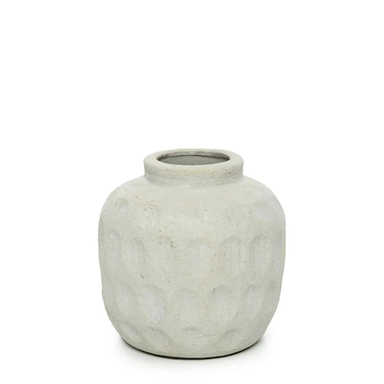 Vase rond en terre cuite effet béton gris avec surface texturée et piquée, Ø14 cm
