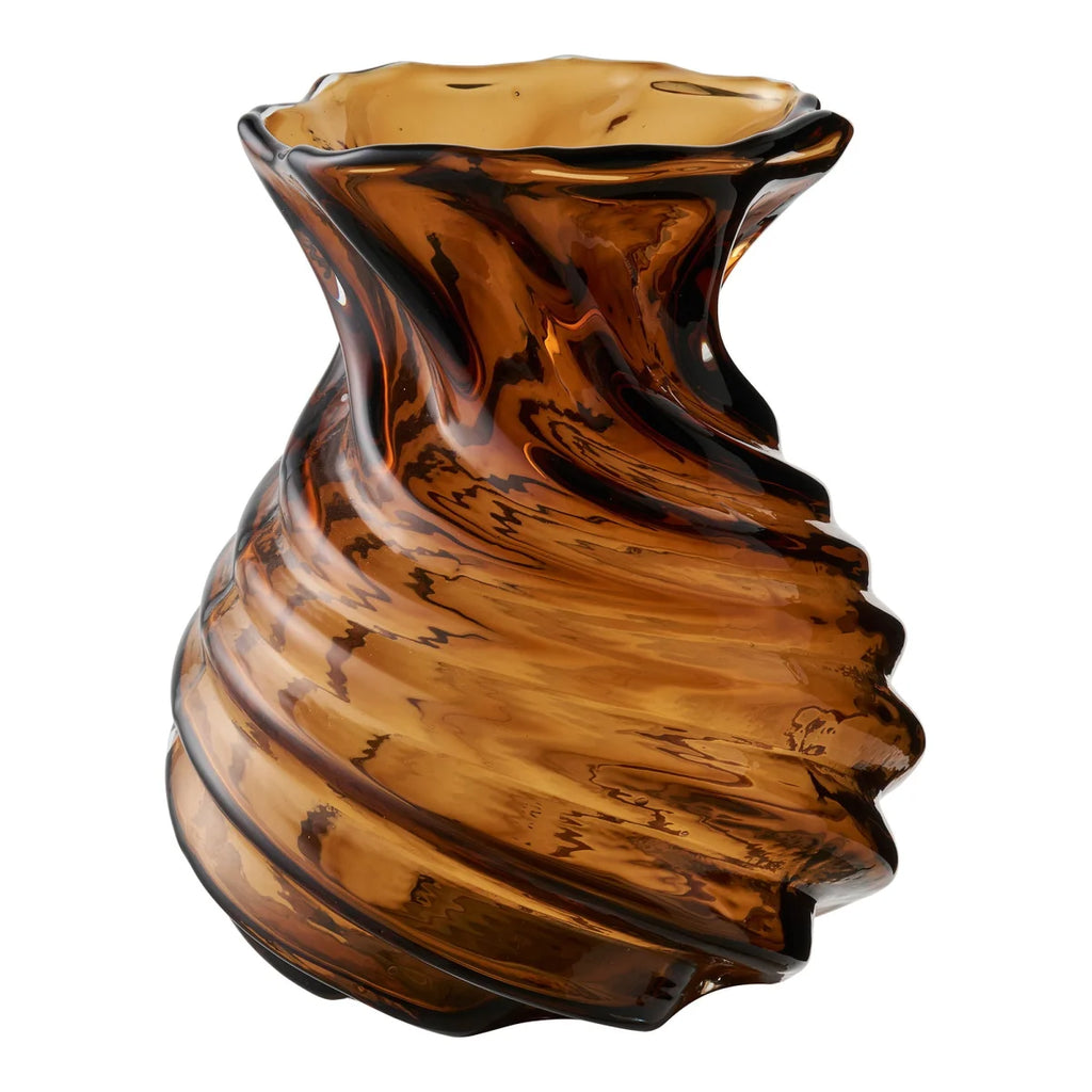 Vase en verre soufflé torsadé brun fumé, H18,5 cm, texture ribée organique