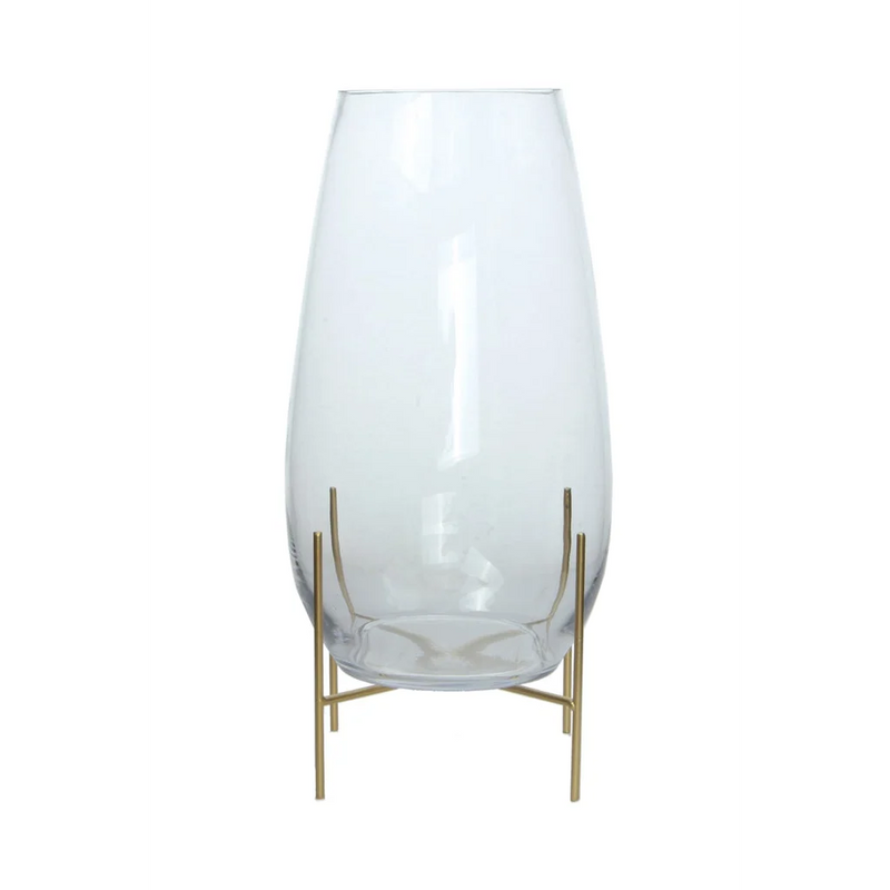 Vase en verre soufflé transparent avec support doré – H47 cm