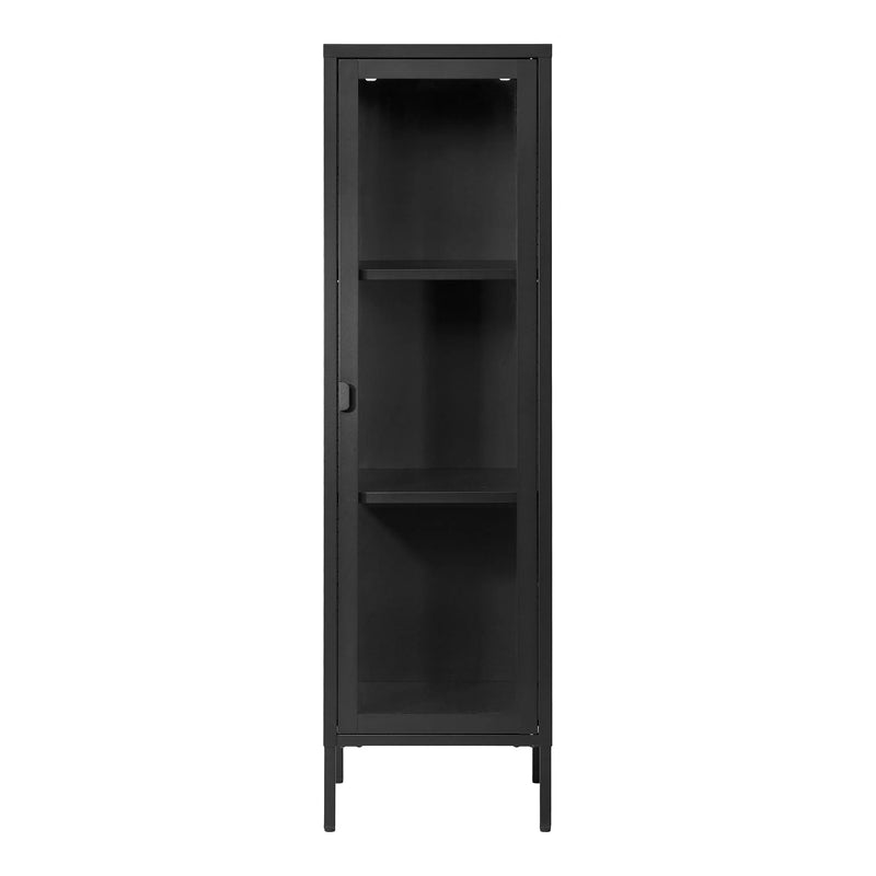 Vitrine en métal noir porte vitrée forme colonne – 40x35x140 cm