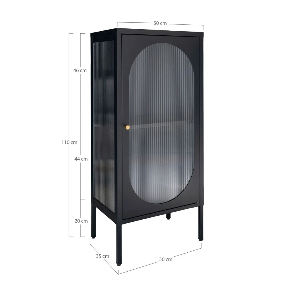 Vitrine en métal noir avec porte vitrée arche cannelée 50x35 cm