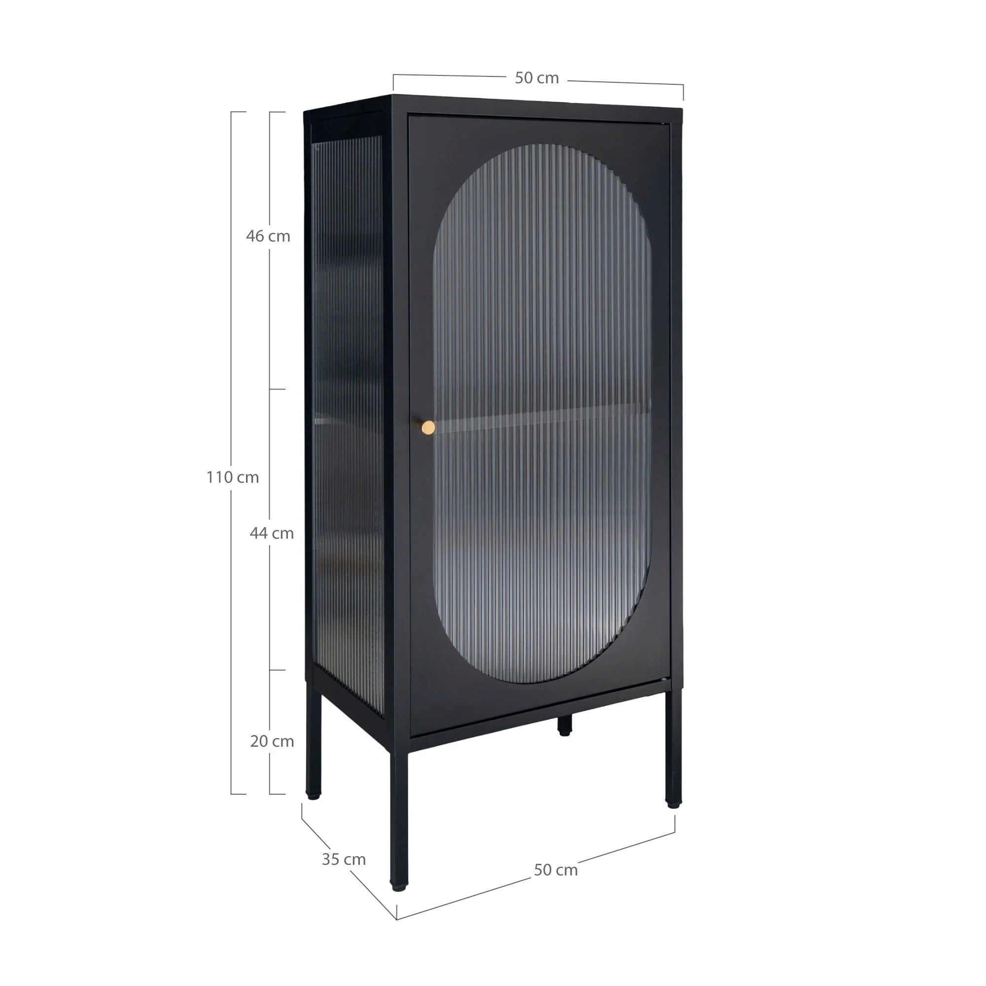 Vitrine en métal noir avec porte vitrée arche cannelée 50x35 cm
