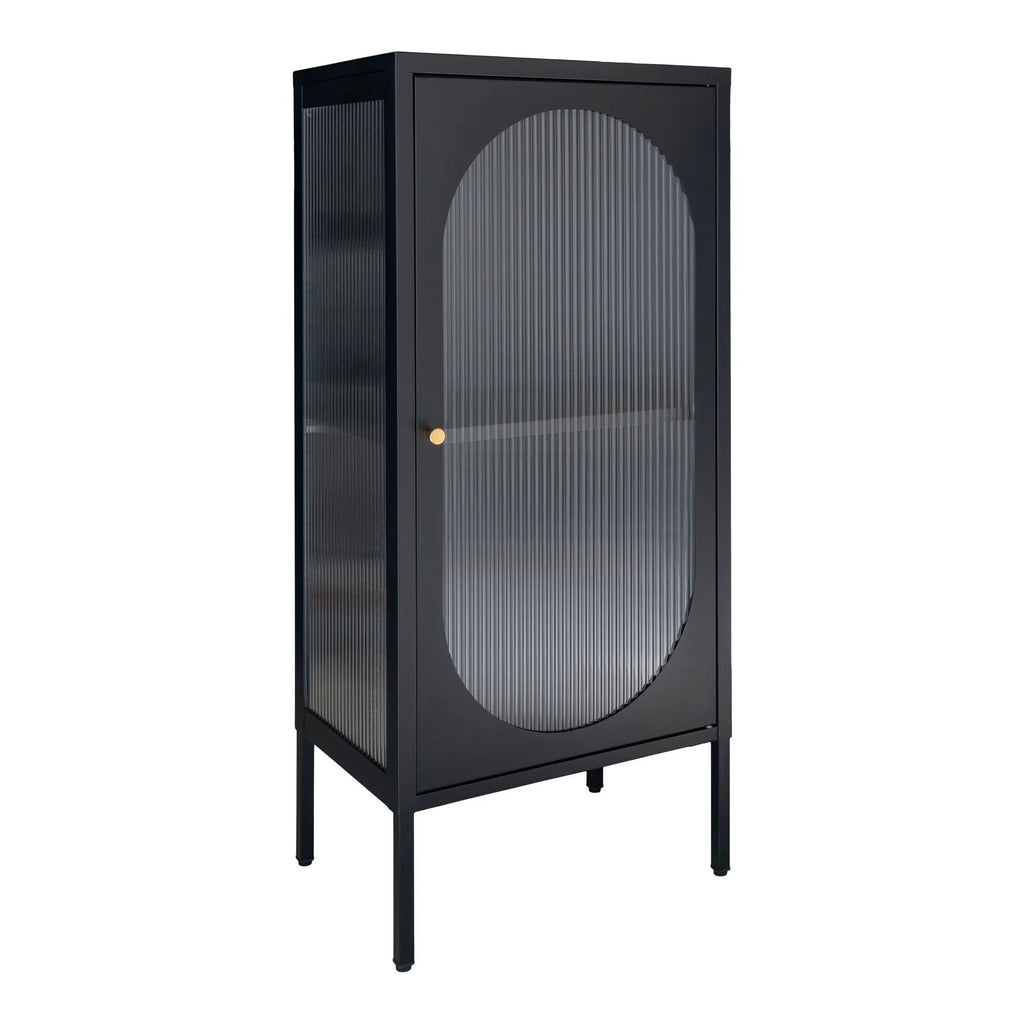 Vitrine en métal noir avec portes vitrées arche verre cannelé et poignée dorée, 50x35 cm