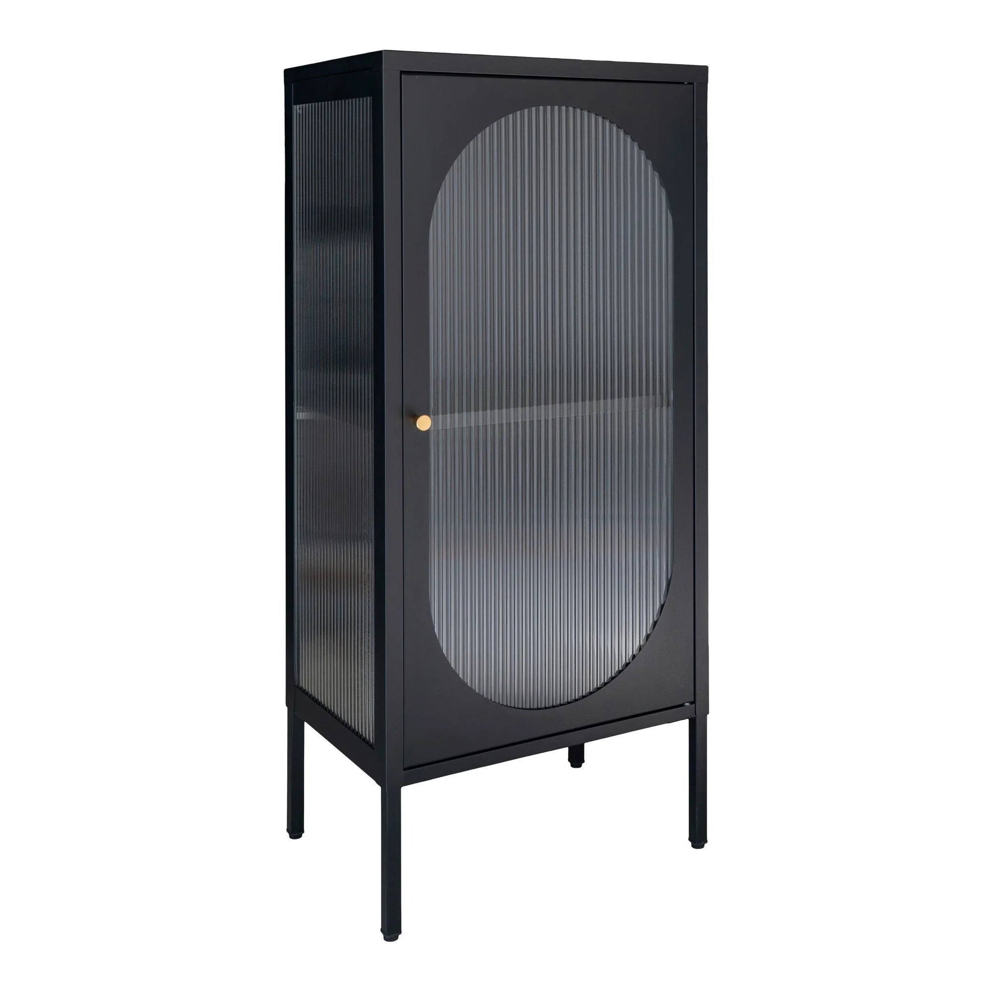 Vitrine en métal noir avec portes vitrées arche verre cannelé et poignée dorée, 50x35 cm
